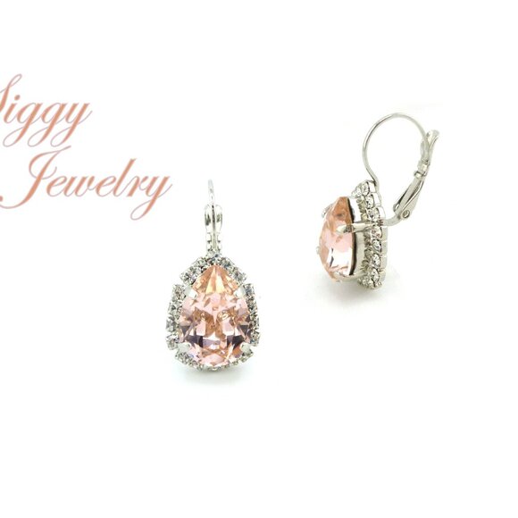 Rhodium Plated Vintage Rose Bridal Pear Halo Earrings made with Austrian Crystal - Picture 2 of 4